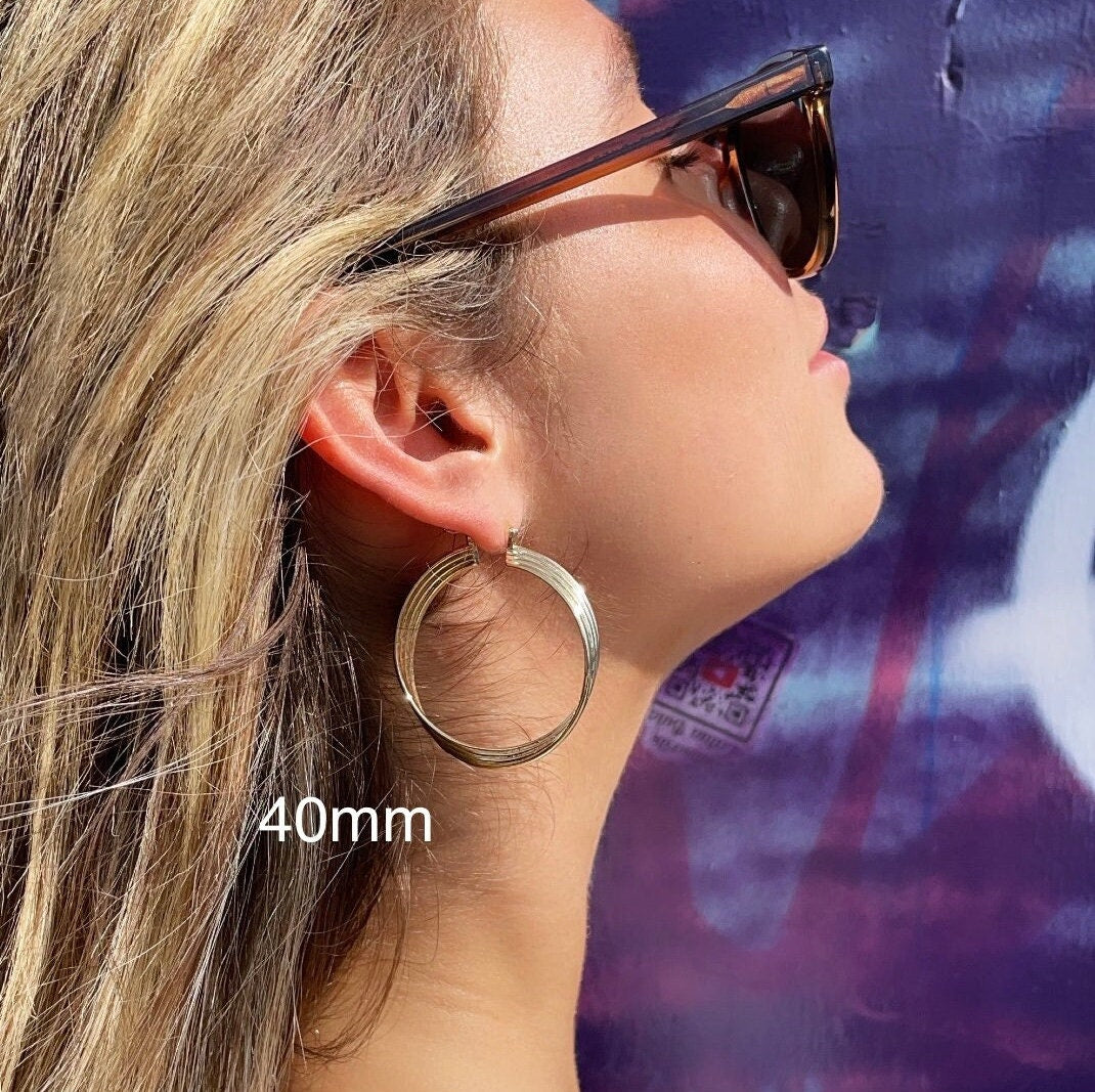18k Gold Layered Four Layers Twisted 8mm Thick Hoop Earrings, Sizes 20mm, 30mm,