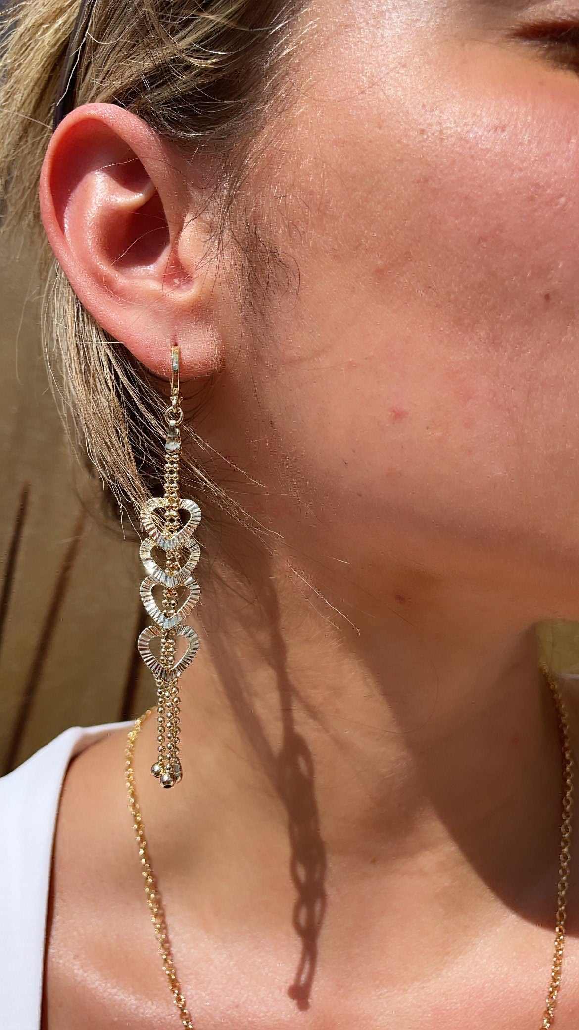 Long 18k Gold Layered Oval or Heart Shape Dangling Earrings Featuring Ball Tips