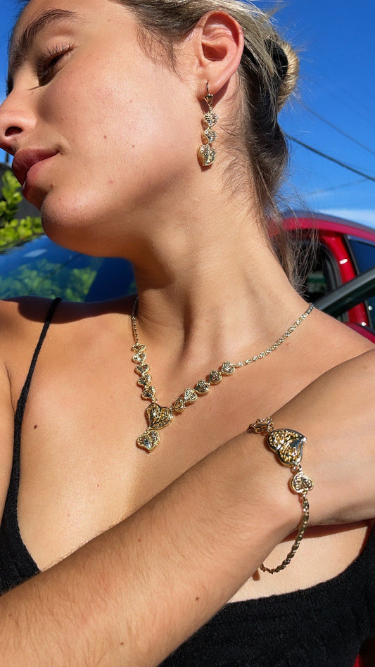 18k Gold Layered Vintage Color Heart Set Featuring Chunky Heart Necklace,