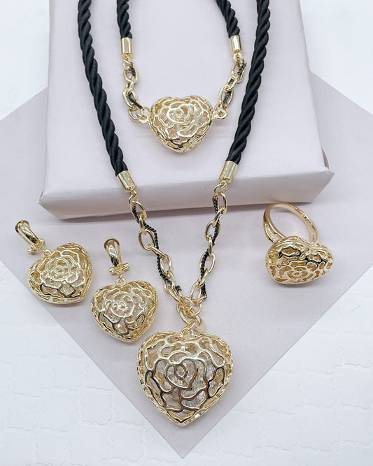 18k Gold Filled Black Satin Rope Set with Large Rose Engraved Puffy Heart,