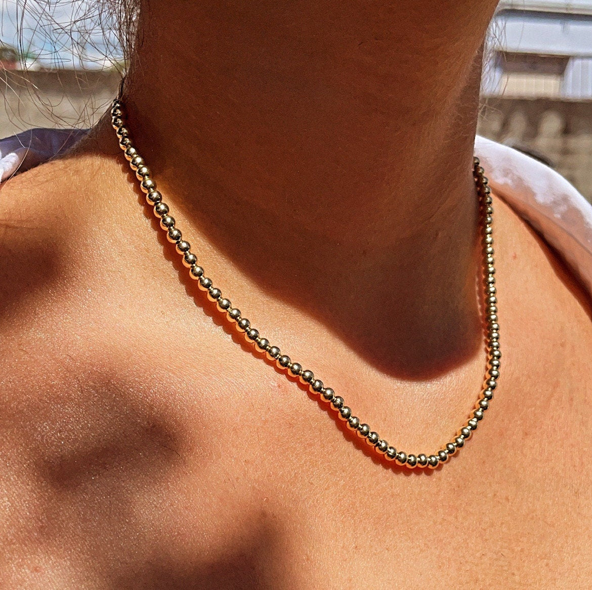 18k Gold Layered 4mm Beaded Necklace, Gold Ball Bead Chain Necklace, Wholesale