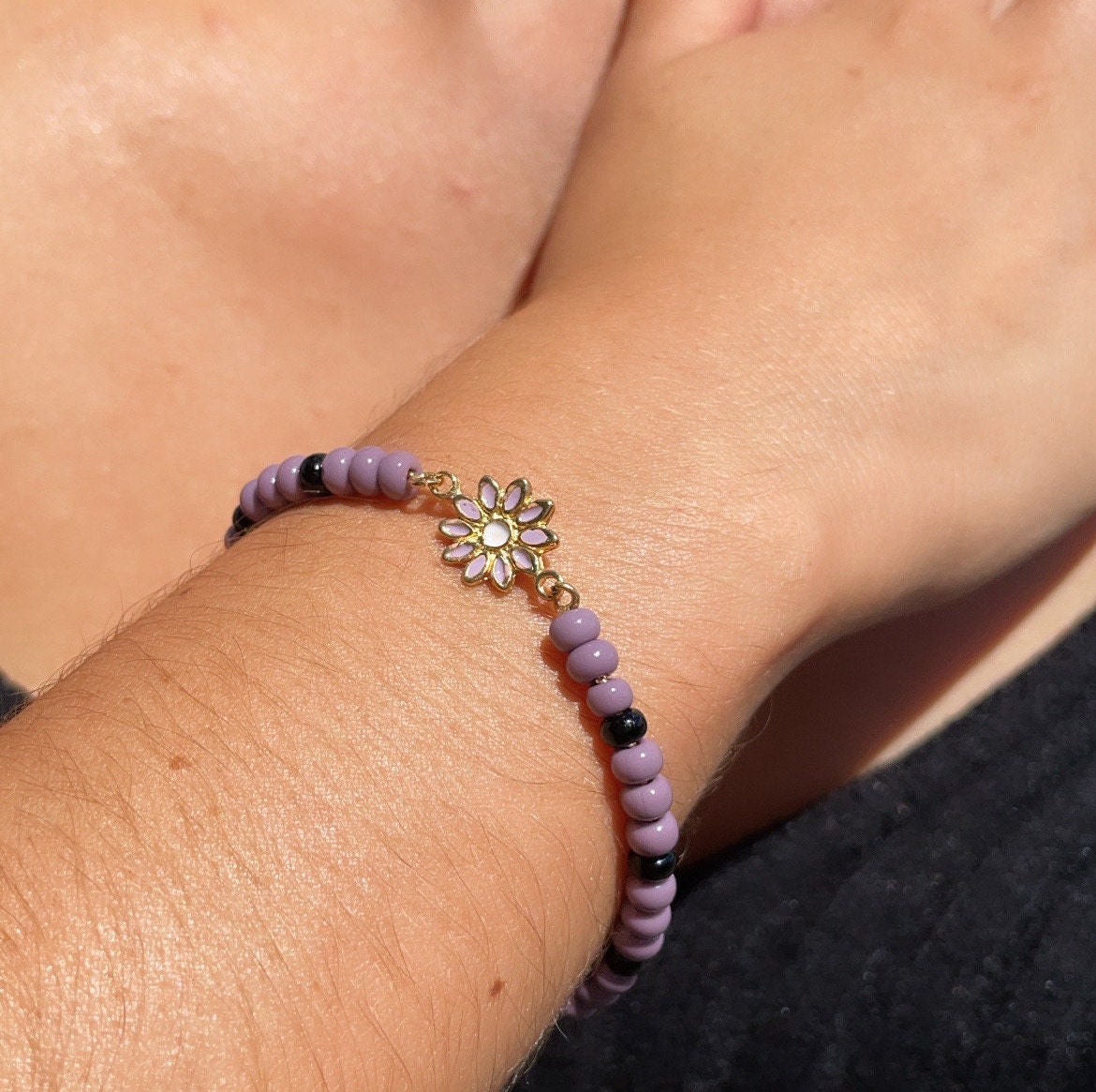 18k Gold Layered Beaded Bracelet Featuring Purple Black Beads, Colorful Enamel