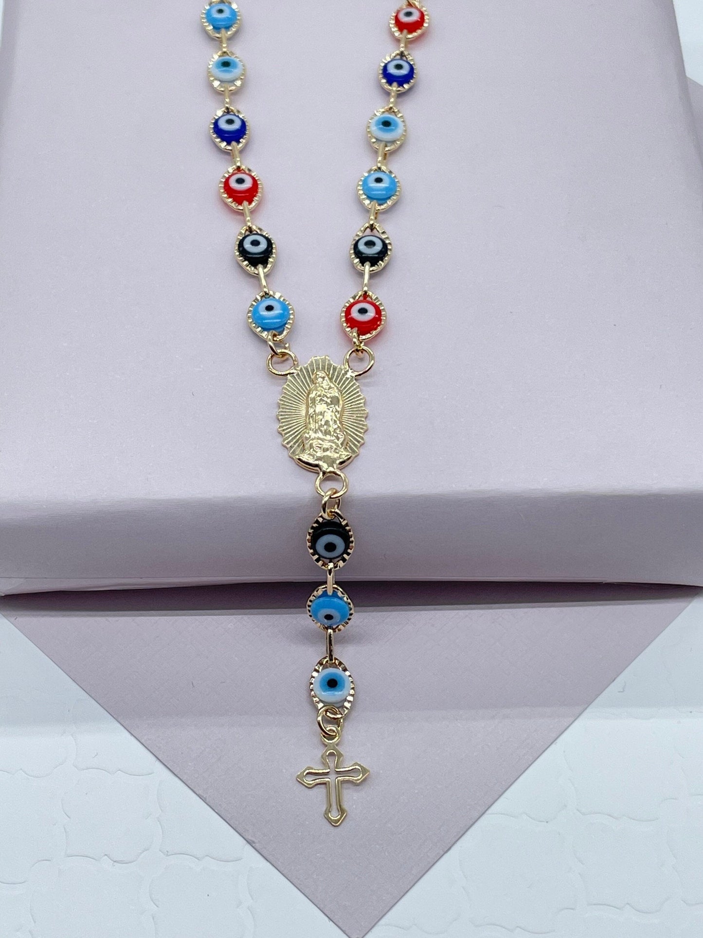 18k Gold Layered Evil Eye Fashion Rosary Style Necklace Featuring Our Lady Of