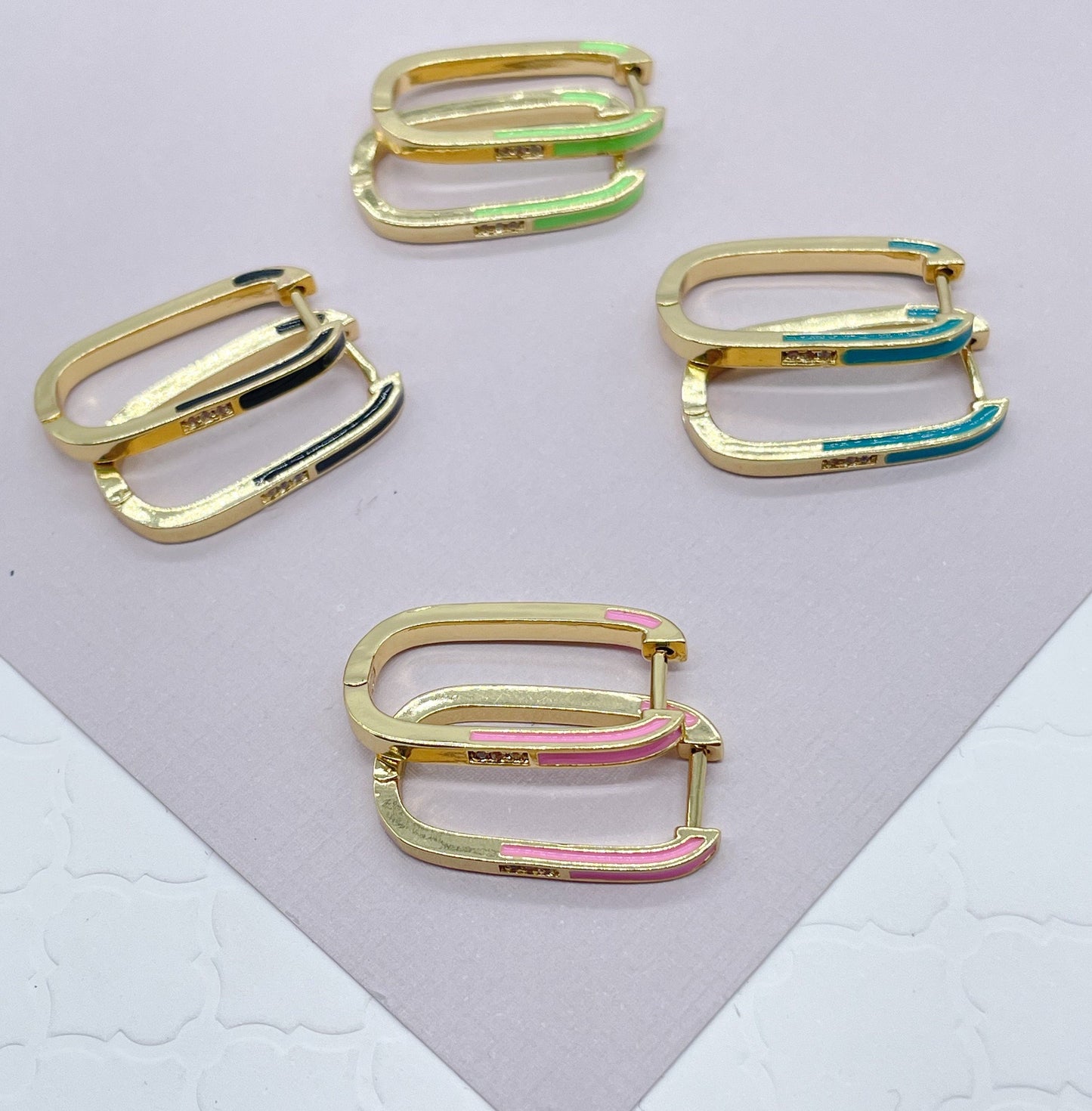 18k Gold Layered Colorful Enamel Rectangular Clicker Earrings Cubic Zirconia