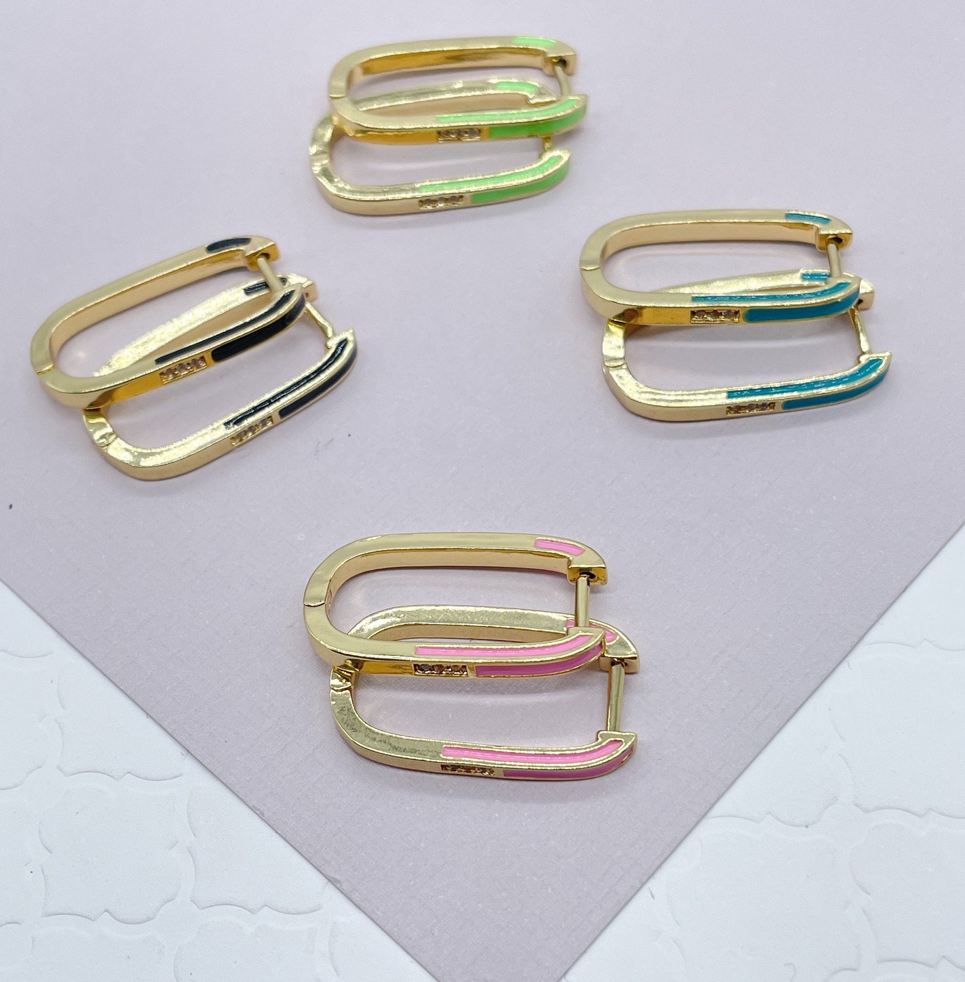 18k Gold Filled Colorful Enamel Rectangular Clicker Earrings Cubic Zirconia Detail