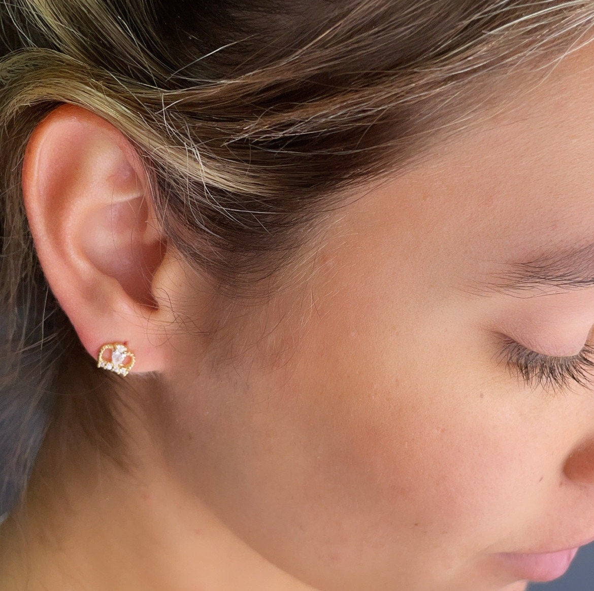 18k Gold Layered Small Crown Cubic Zirconia Stud Earrings Dainty Jewelry