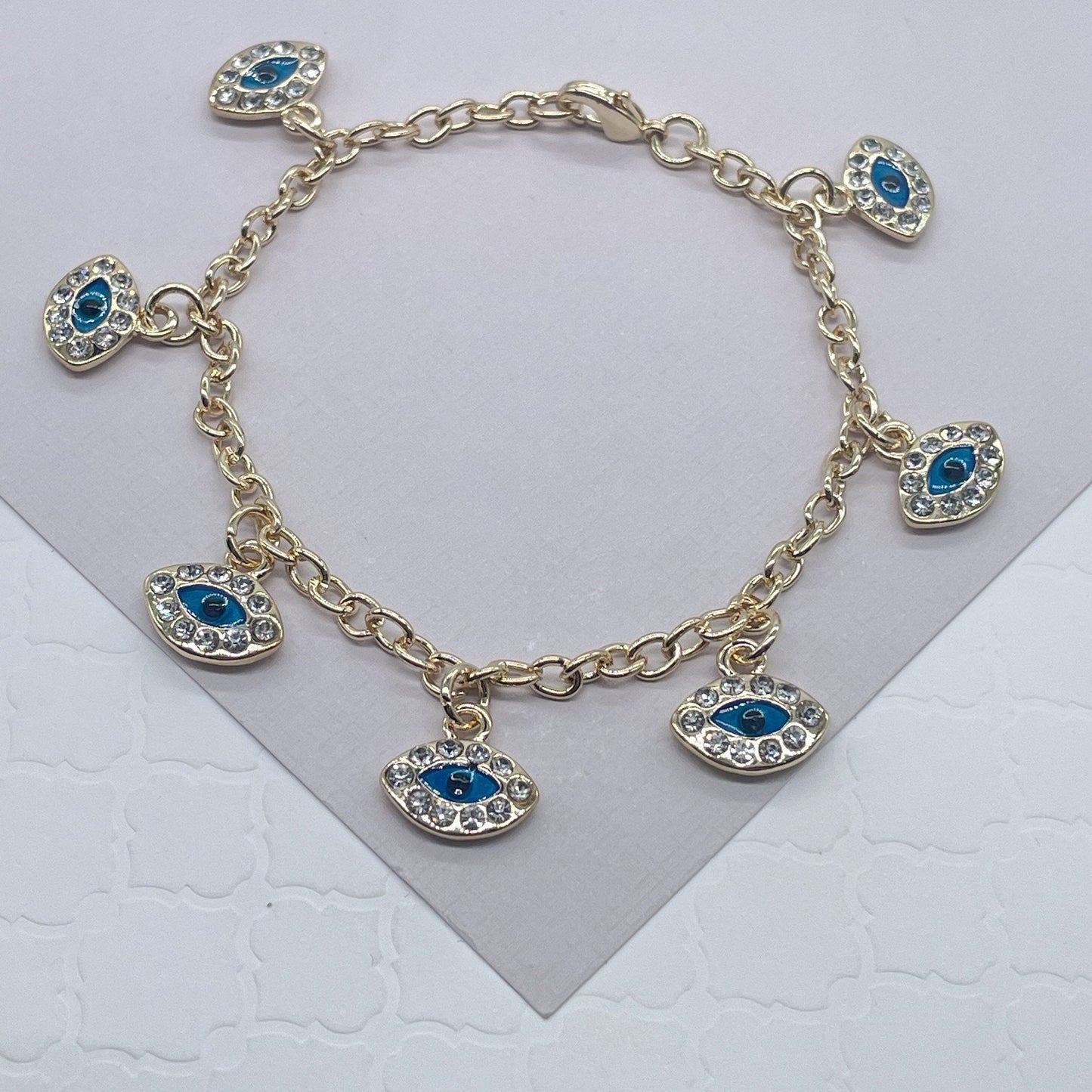 18k Gold Layered 7 Blue Evil Eyes Cubic Zirconia Charms Bracelet, Protection