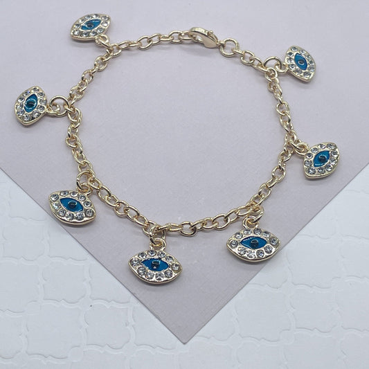 18k Gold Layered 7 Blue Evil Eyes Cubic Zirconia Charms Bracelet, Protection