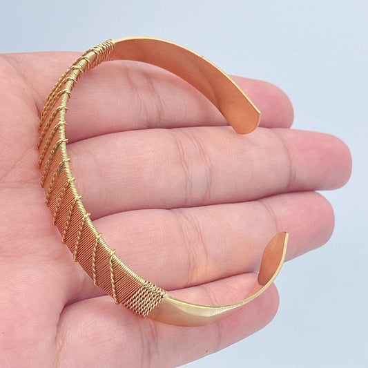 18k Gold Layered Flat Plain Cuff Bracelet Wrapped With Gold Thread, Gold