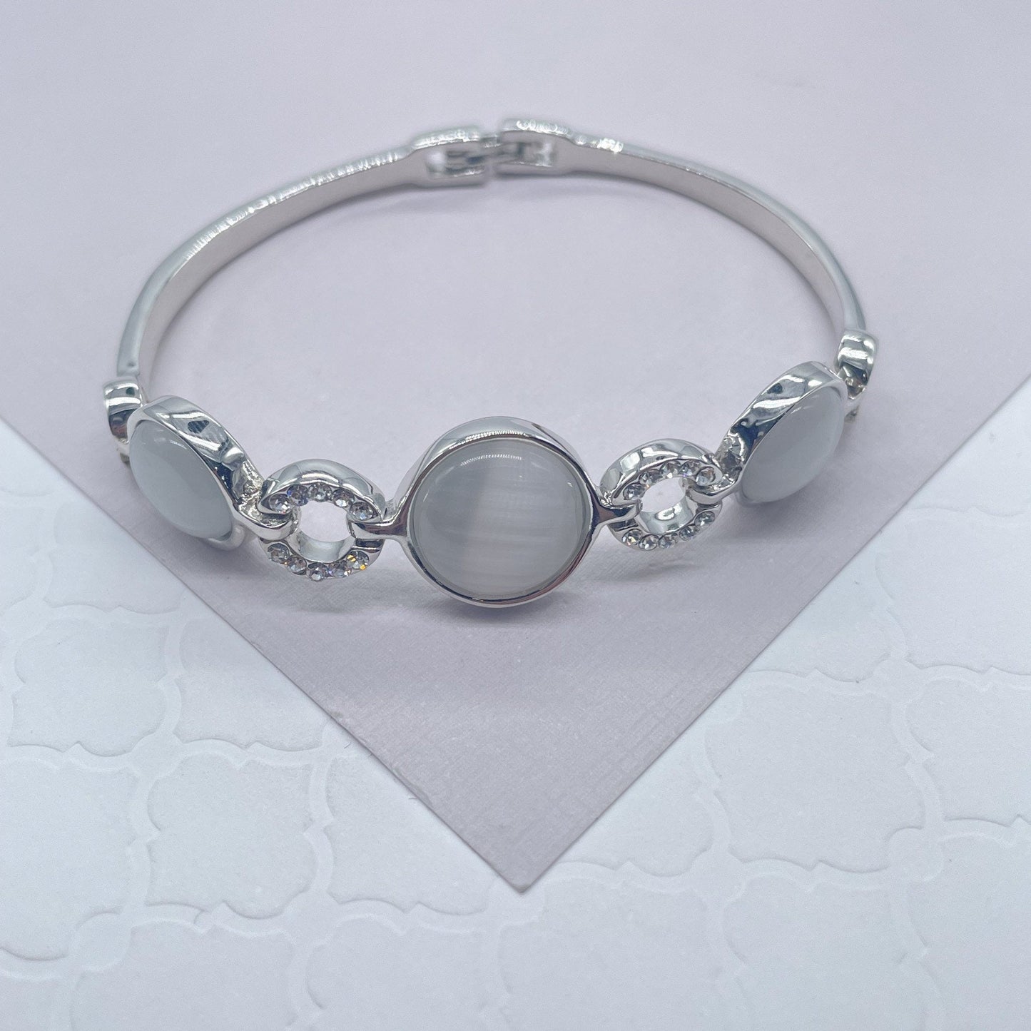 Silver Layered Cuff Bracelet with Milky White Colored Stones and Zirconia Setting