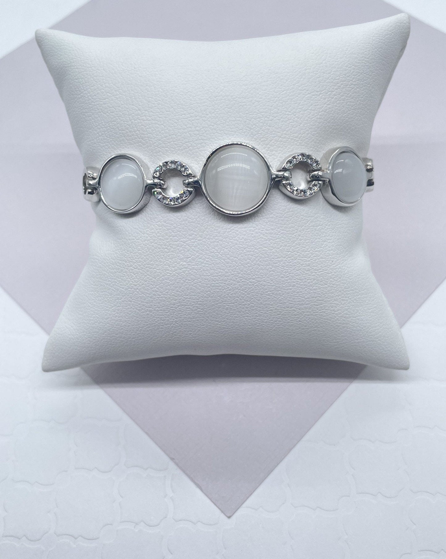 Silver Layered Cuff Bracelet with Milky White Colored Stones and Zirconia Setting