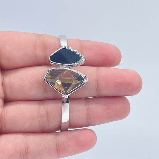 Silver Layered Cuff Bracelet With Simulated Soft Brown and Black Stones Partially