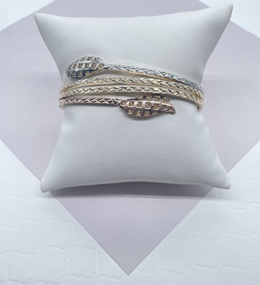 18k Gold Layered Tri-Color Cuff Bracelet Featuring Texture Leaves On Two Ends,