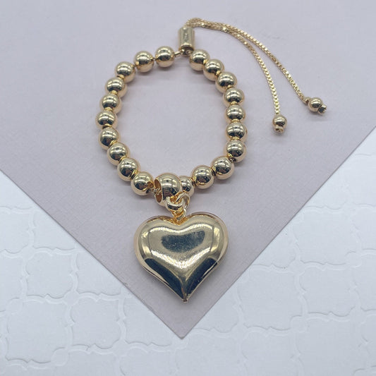 18k Gold Layered Adjustable Gold Beaded Bracelet Featuring Chunky Plain Gold