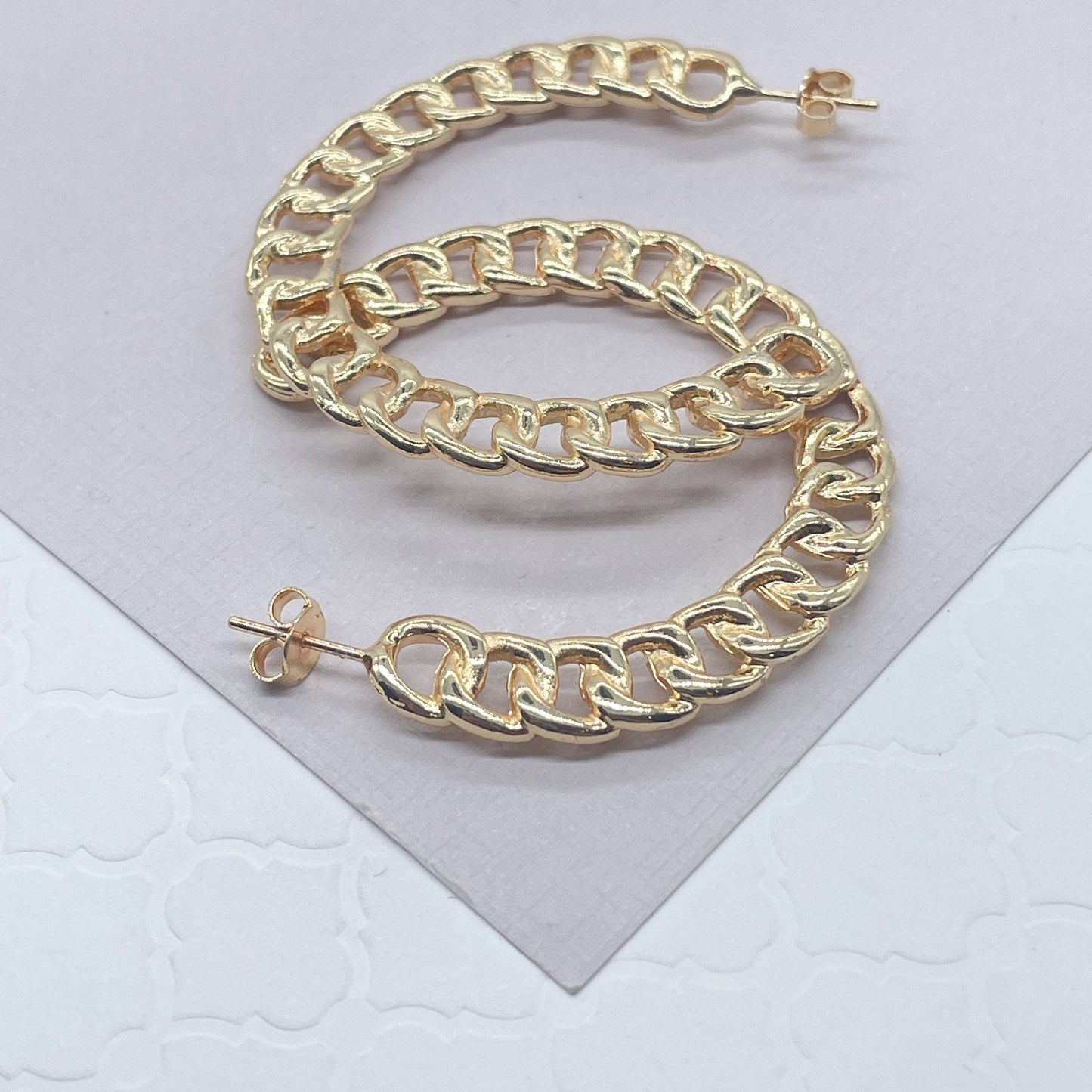 18k Gold Layered Curb Link Hoop Earrings, C-Hoop Earrings Cuban Link Chain,