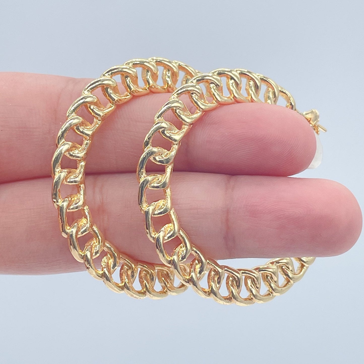 18k Gold Layered Curb Link Hoop Earrings, C-Hoop Earrings Cuban Link Chain,