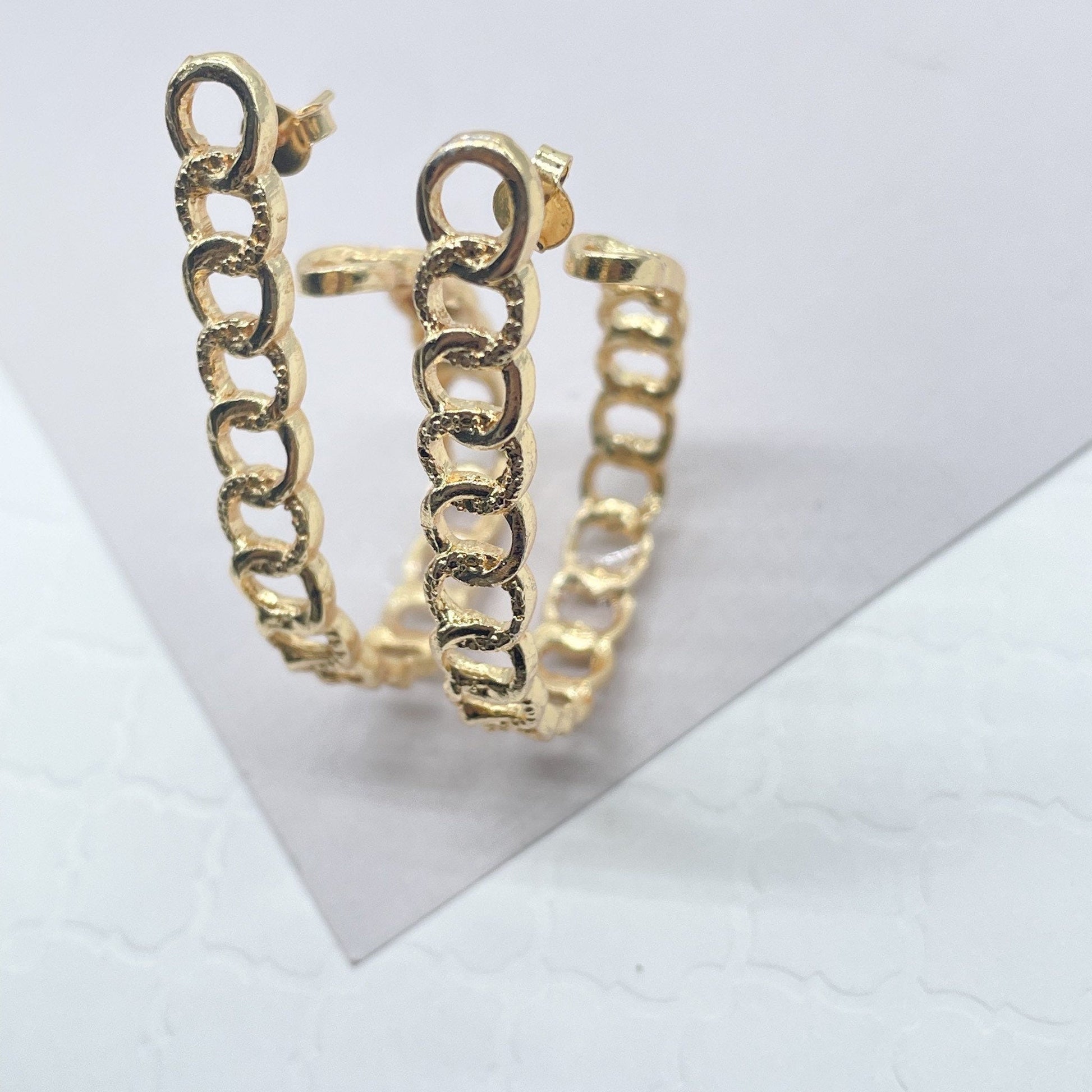 18K Gold Layered Curb Link Chain Style Hoop Earrings