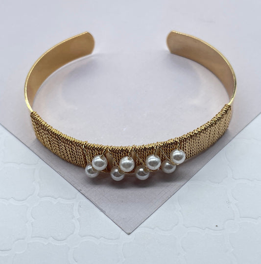 18k Gold Layered Plain Cuff Bracelet Wrapped In Gold Thread And Pearls Detail,