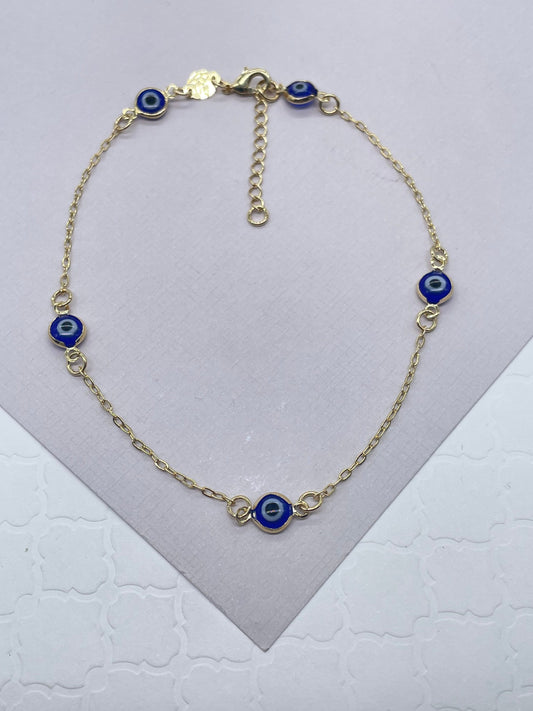 18k Gold Layered Dainty Blue Color Evil Eye Anklet, Protection Jewelry, Wholesale