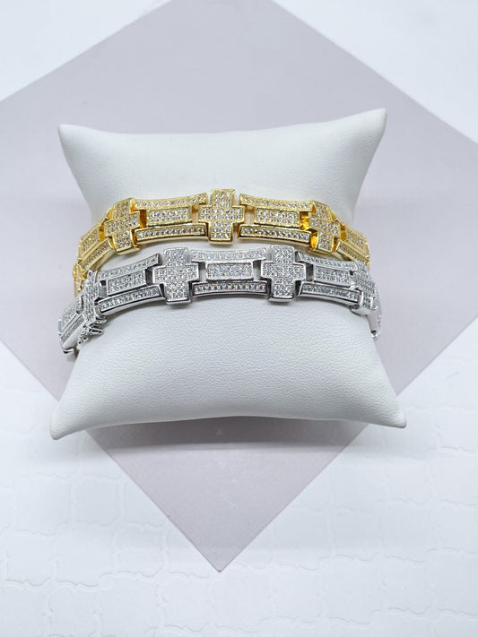 9mm Iced 18k Gold Layered Men's Cross Link Bracelet With Micro Pave Clear Cubic