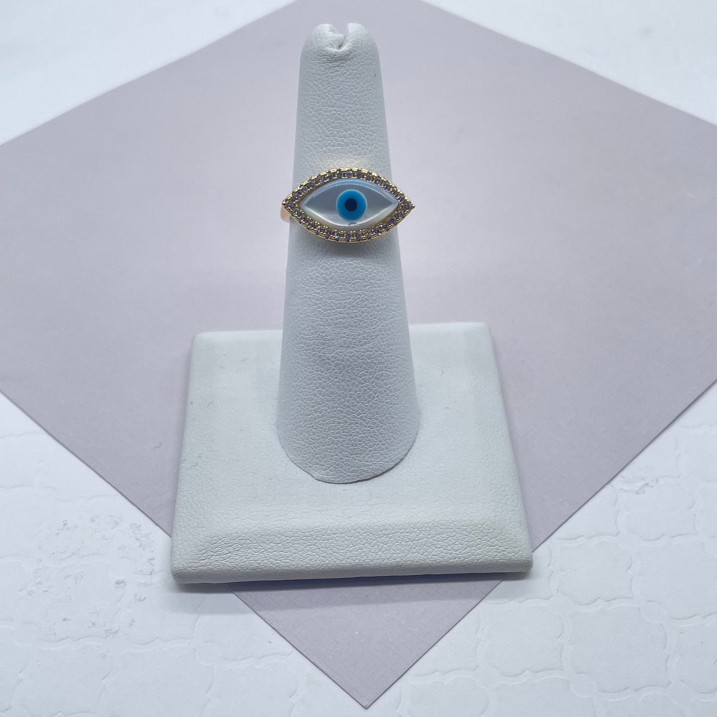 18k Gold Layered Evil Light Blue Eye Ring With Micro Pave Clear Cubic Zirconia