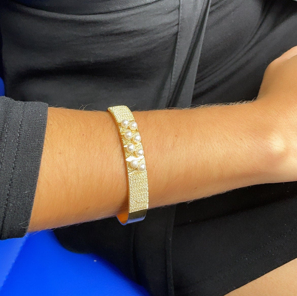18k Gold Layered Plain Cuff Bracelet Wrapped In Gold Thread And Pearls Detail,