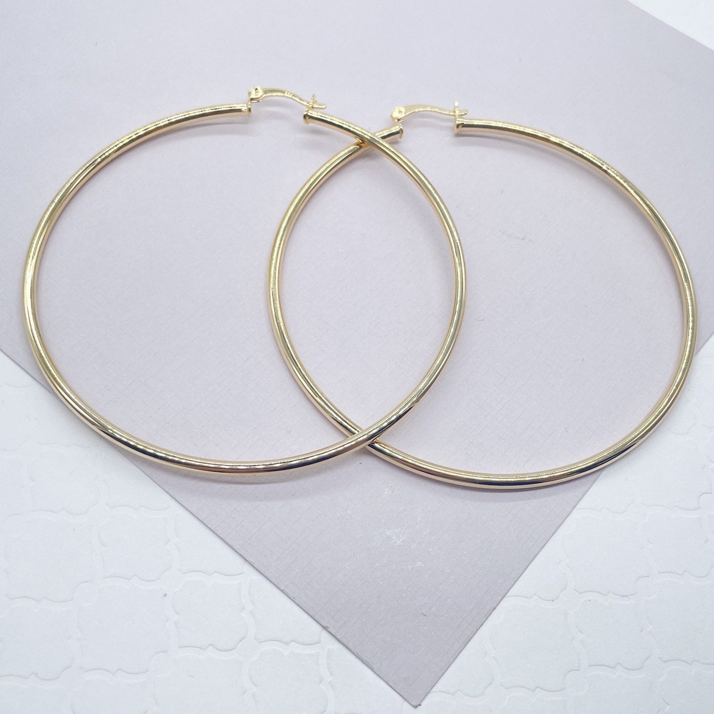 80mm Diameter 18k Gold Layered Thin Thread Hoop Earrings, Large Gold Plain