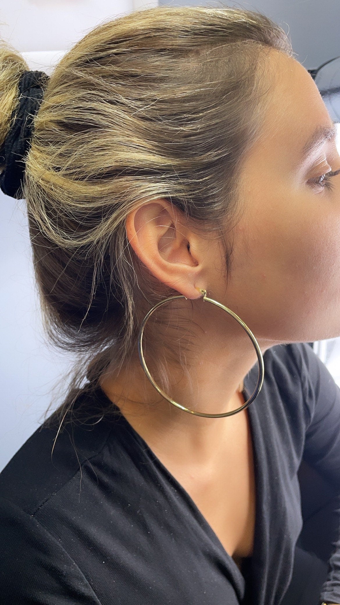 80mm Diameter 18k Gold Layered Thin Thread Hoop Earrings, Large Gold Plain
