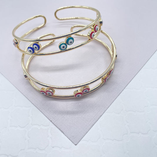 18k Gold Layered Colorful Evil Eye Cuff Bracelets Featuring Flower, Heart or