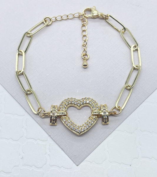18k Gold Filled Paper Clip Link Bracelet Featuring Micro Pave Cubic Zirconia