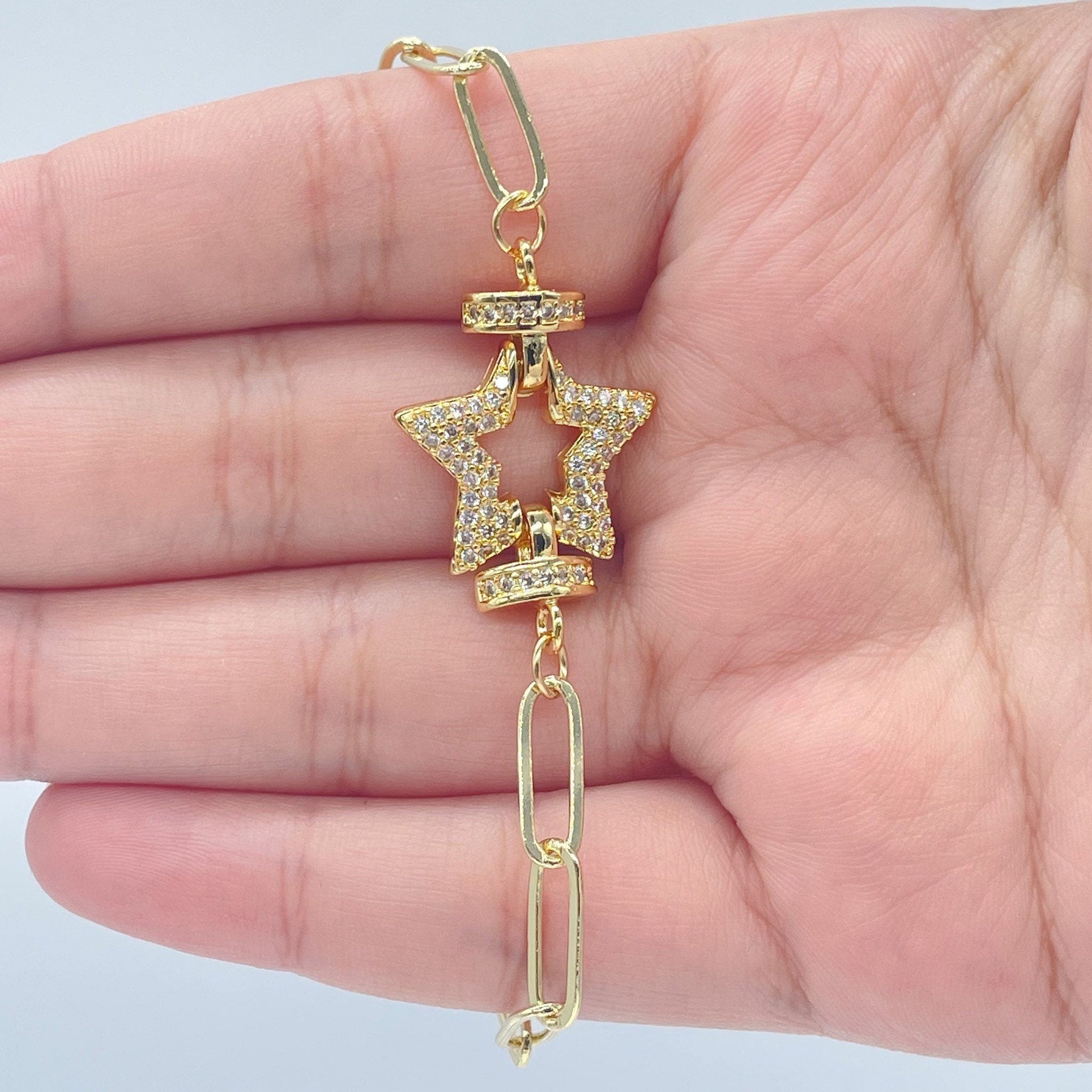 18K Gold Layered Paper Clip Link Bracelet Featuring Micro Pave Cubic Zirconia Star