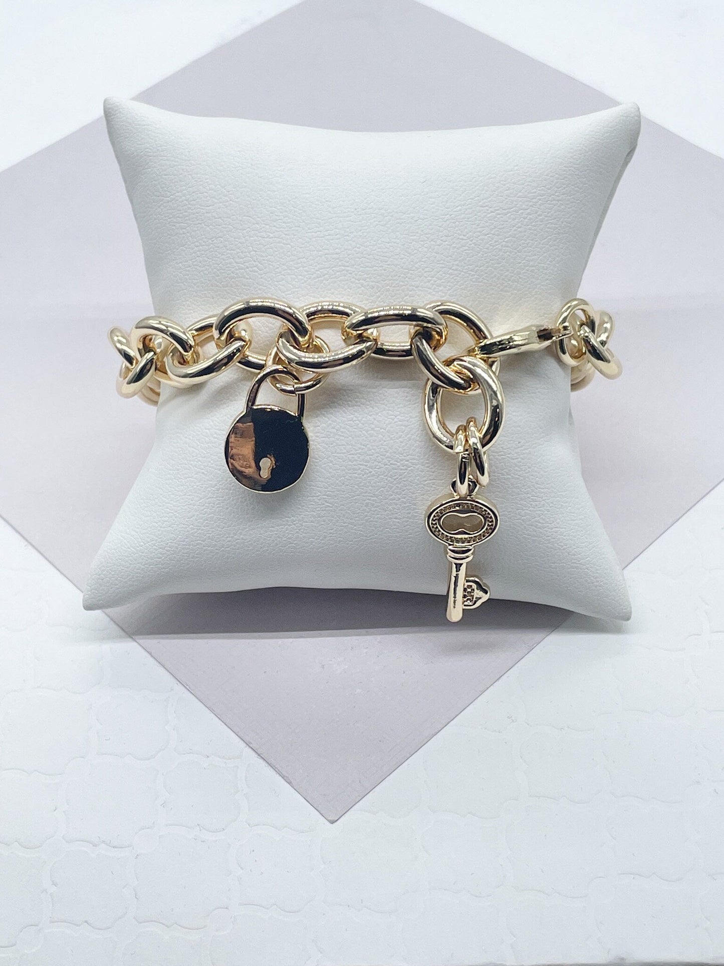 Chunky 18k Gold Layered Lock Heart And Key Bracelet Available in Gold, Rose