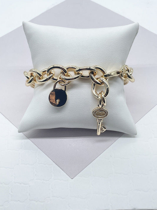 Chunky 18k Gold Filled Lock Heart And Key Bracelet Available in Gold, Rose Gold and Silver Featuring Thick Link Chain