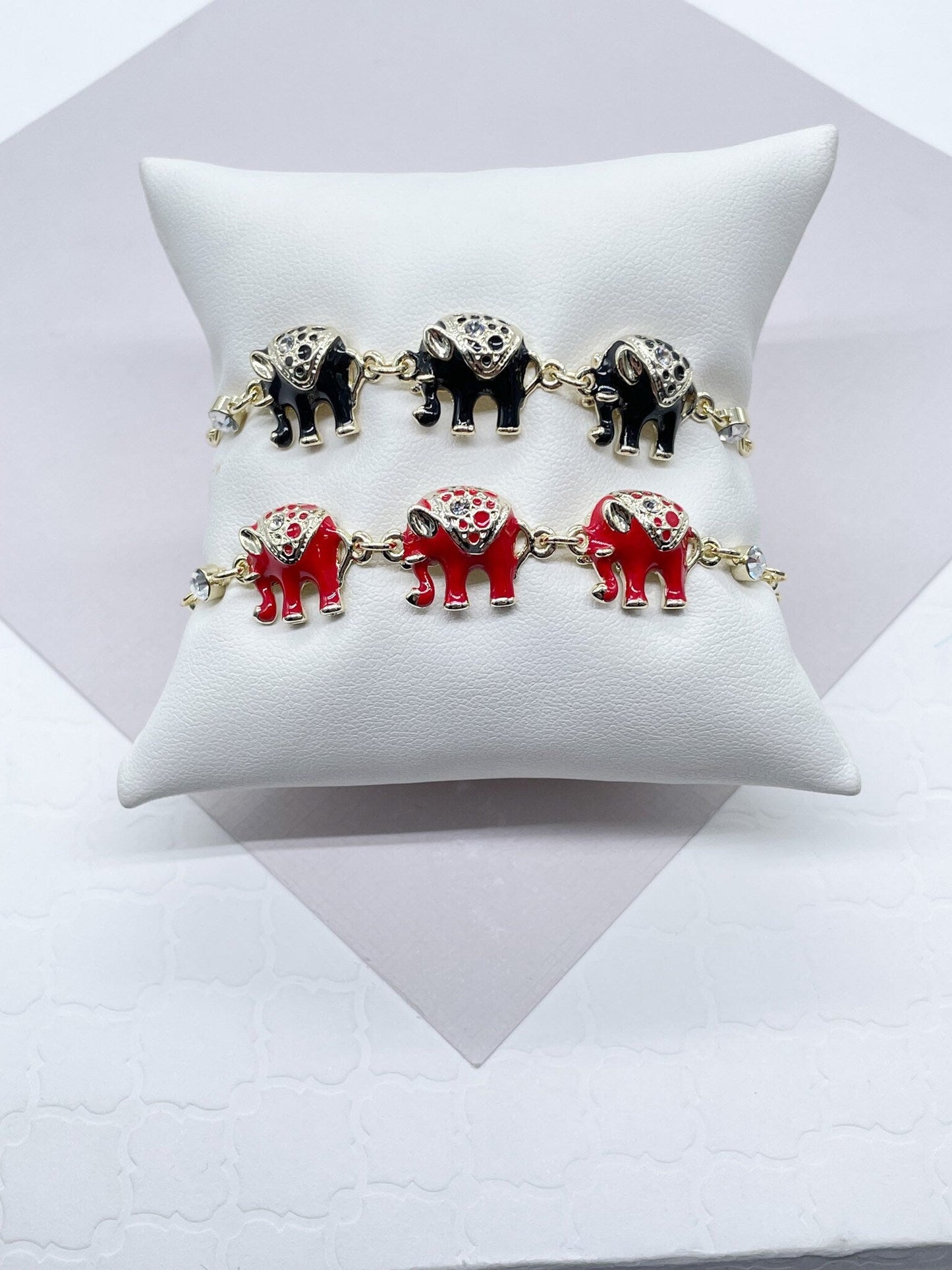 18k Gold Filled Multi Color Enamel Puffy Elephant Bracelets, Blue, Red, White