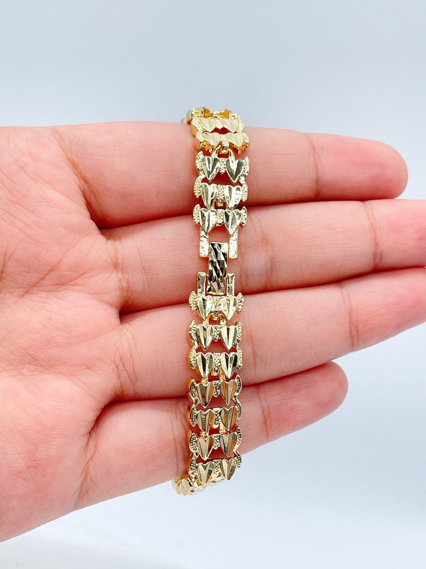 Vintage Diamond Cut Style 18k Gold Layered Thick Double Row of Hearts Bracelet