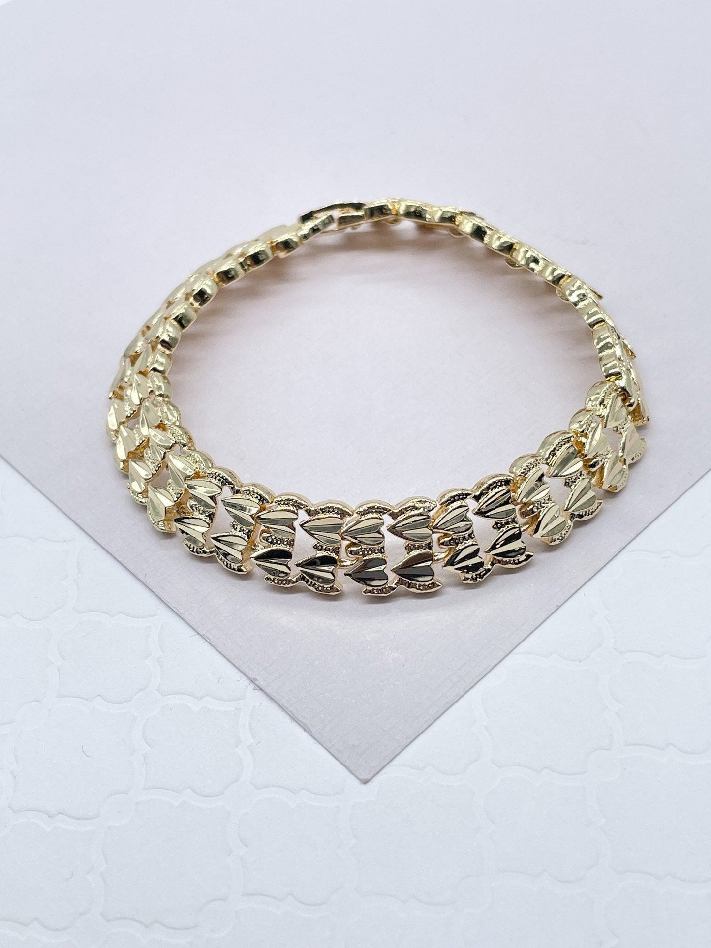 Vintage Diamond Cut Style 18k Gold Layered Thick Double Row of Hearts Bracelet