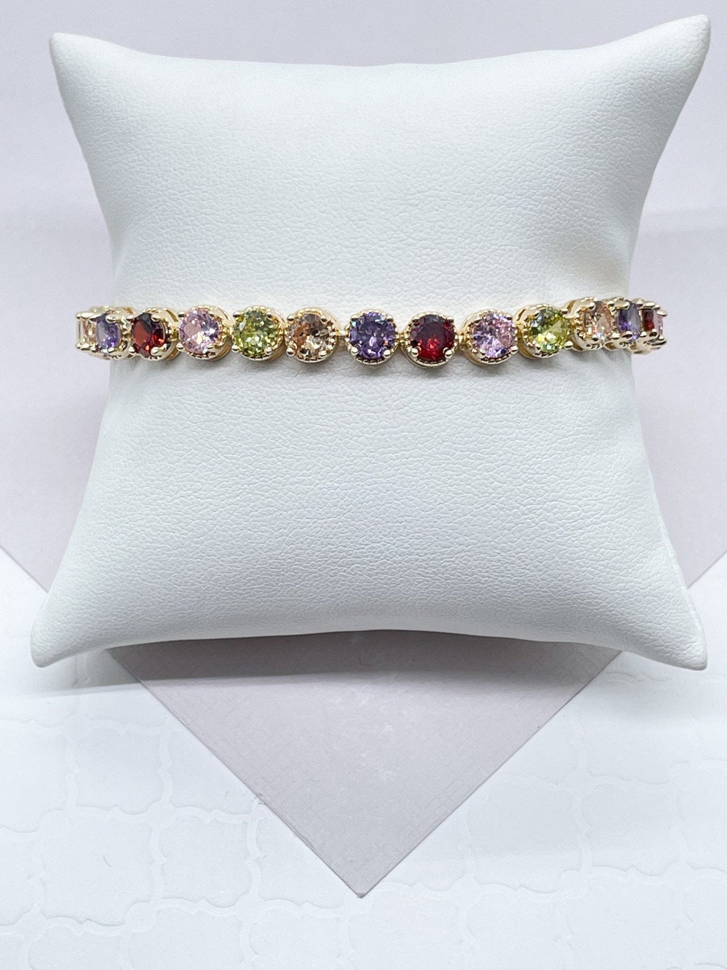 18k Gold Layered Round Multi-Color Cubic Zirconia Bracelet, Colorful CZ Bracelet,