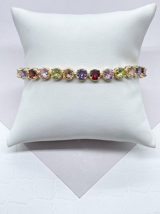 18k Gold Layered Round Multi-Color Cubic Zirconia Bracelet, Colorful CZ Bracelet,