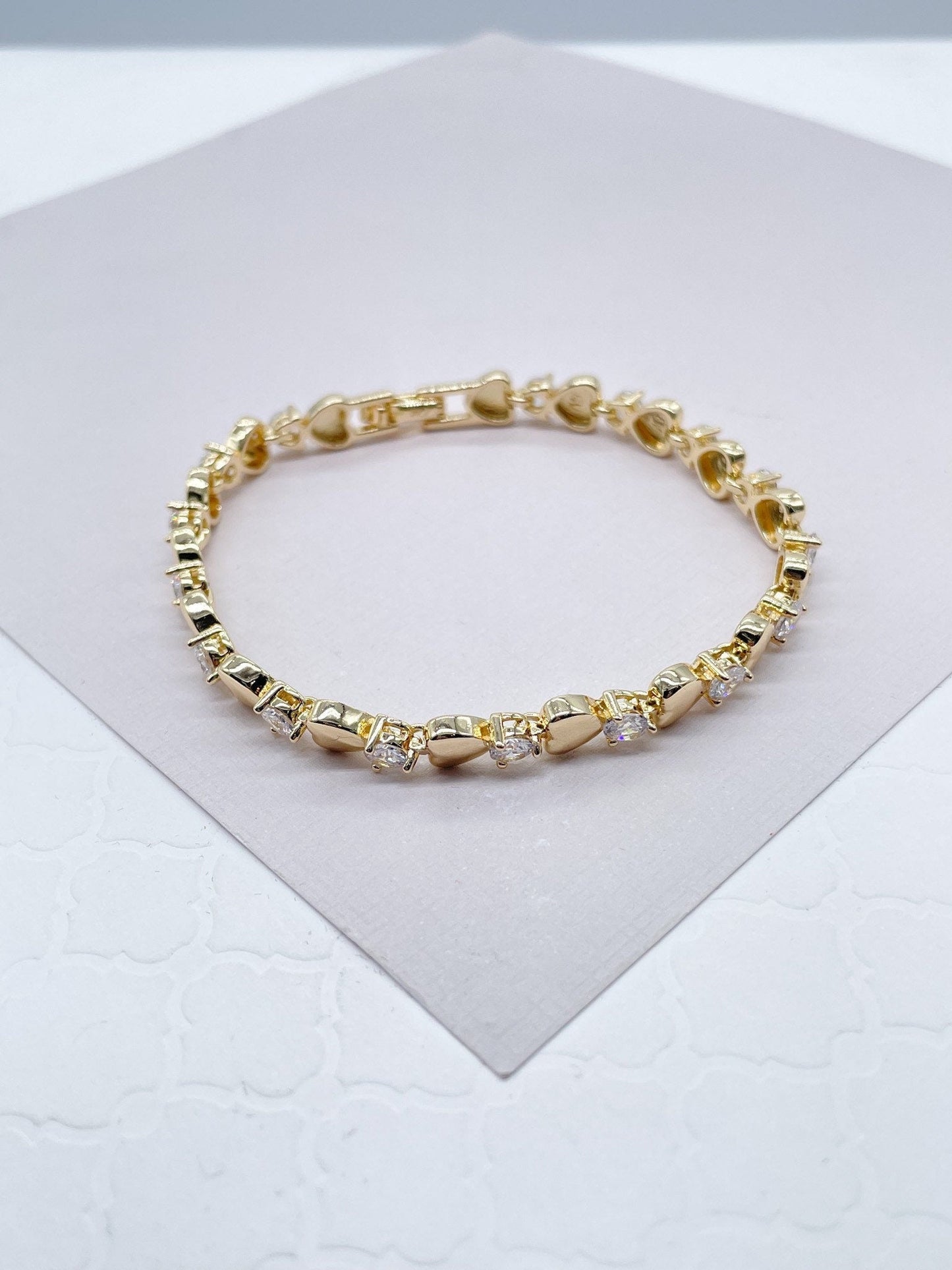 18k Gold Layered Clear Cubic Zirconia & Hearts Bracelet, Gift For Her, Romantic