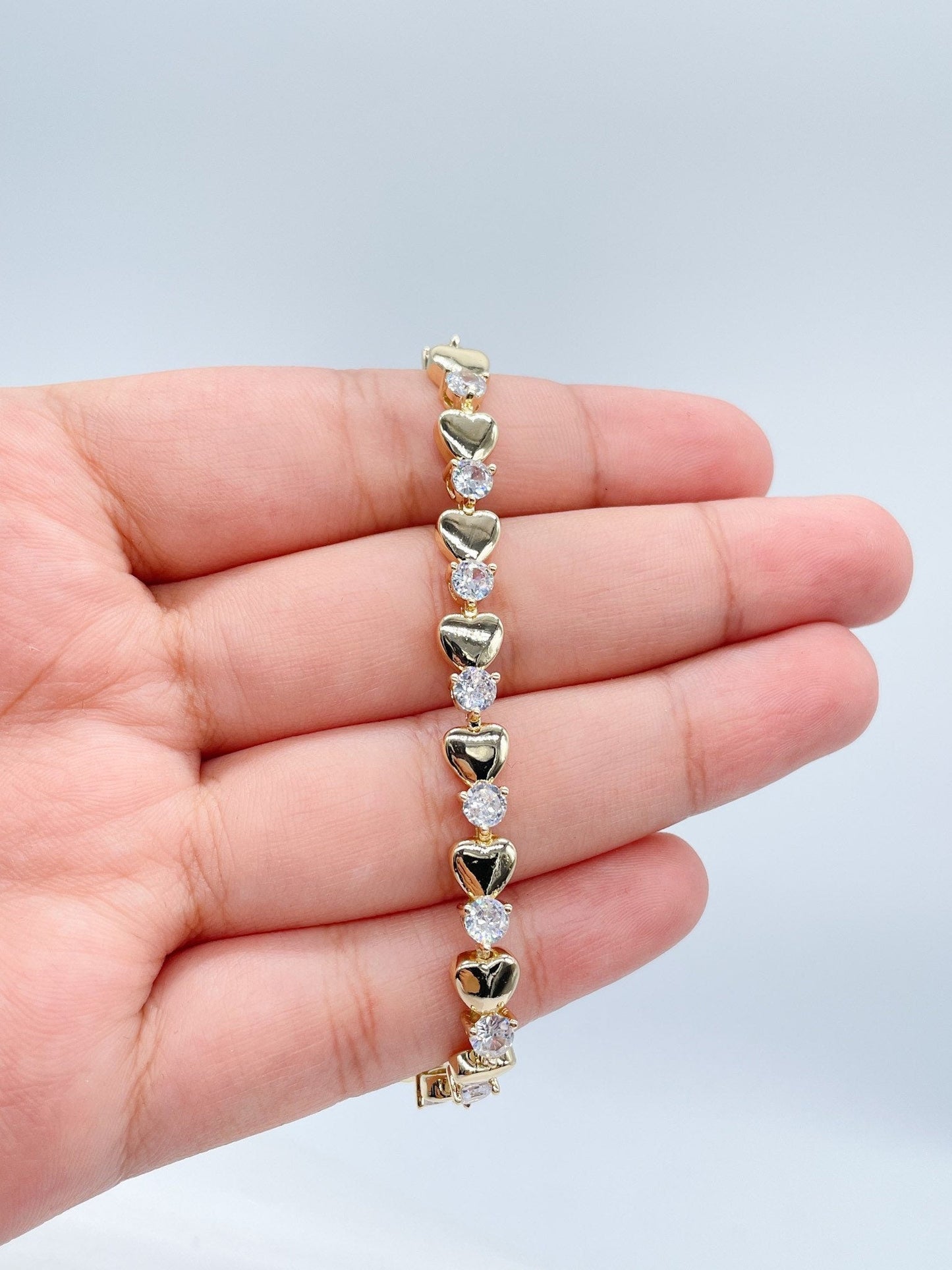 18k Gold Layered Clear Cubic Zirconia & Hearts Bracelet, Gift For Her, Romantic