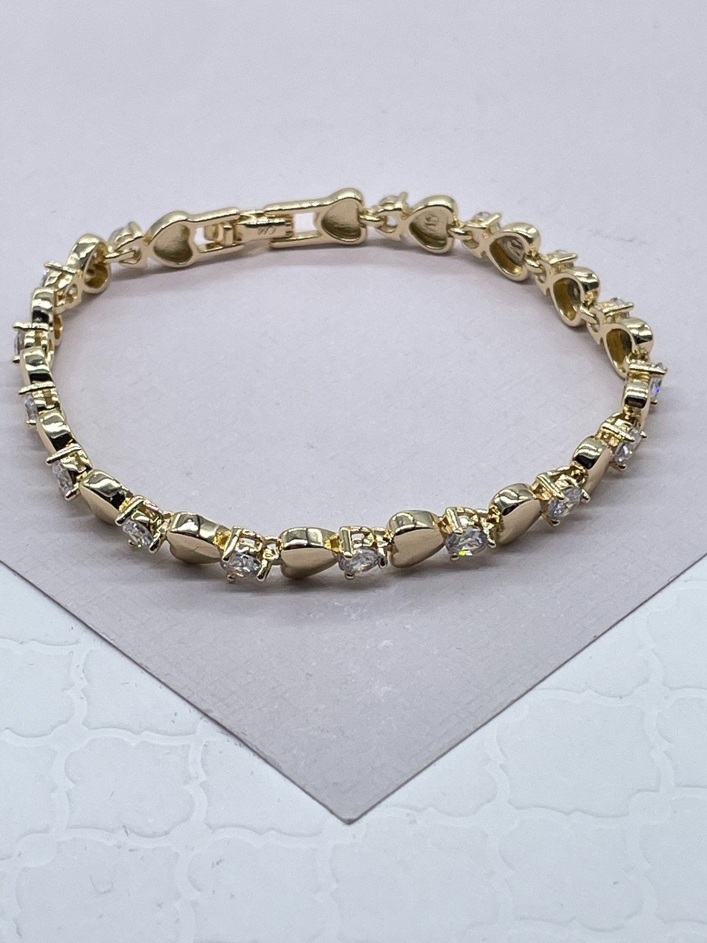 18k Gold Layered Clear Cubic Zirconia & Hearts Bracelet, Gift For Her, Romantic