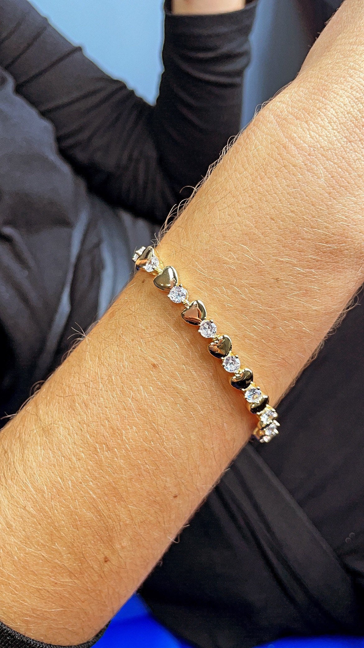 18k Gold Layered Clear Cubic Zirconia & Hearts Bracelet, Gift For Her, Romantic