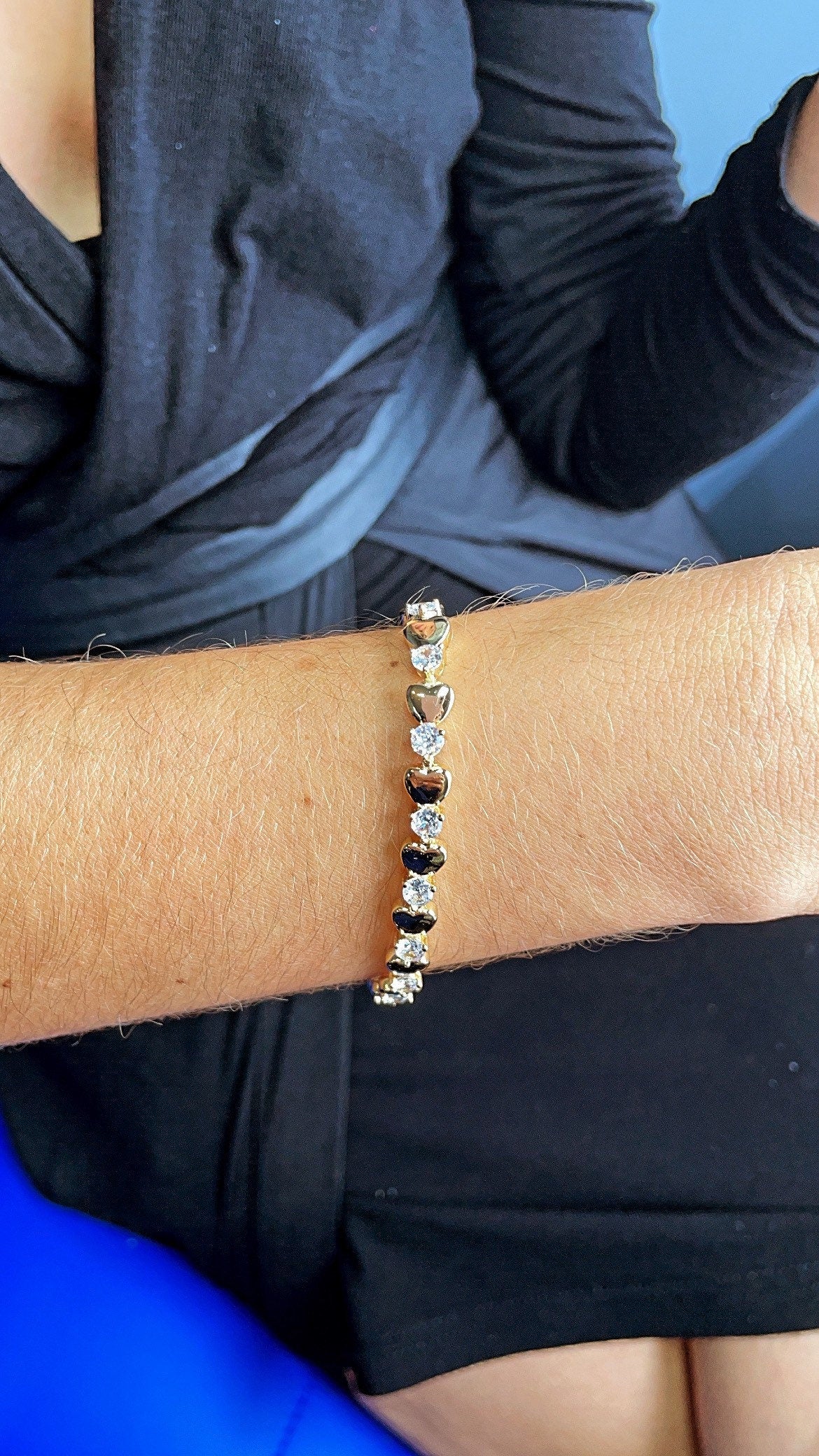 18k Gold Layered Clear Cubic Zirconia & Hearts Bracelet, Gift For Her, Romantic