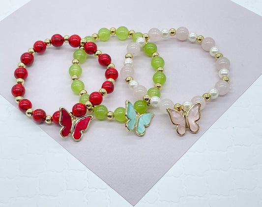 18k Gold Layered Colorful Natural Stones Bead Bracelets Featuring Colorful Hanged