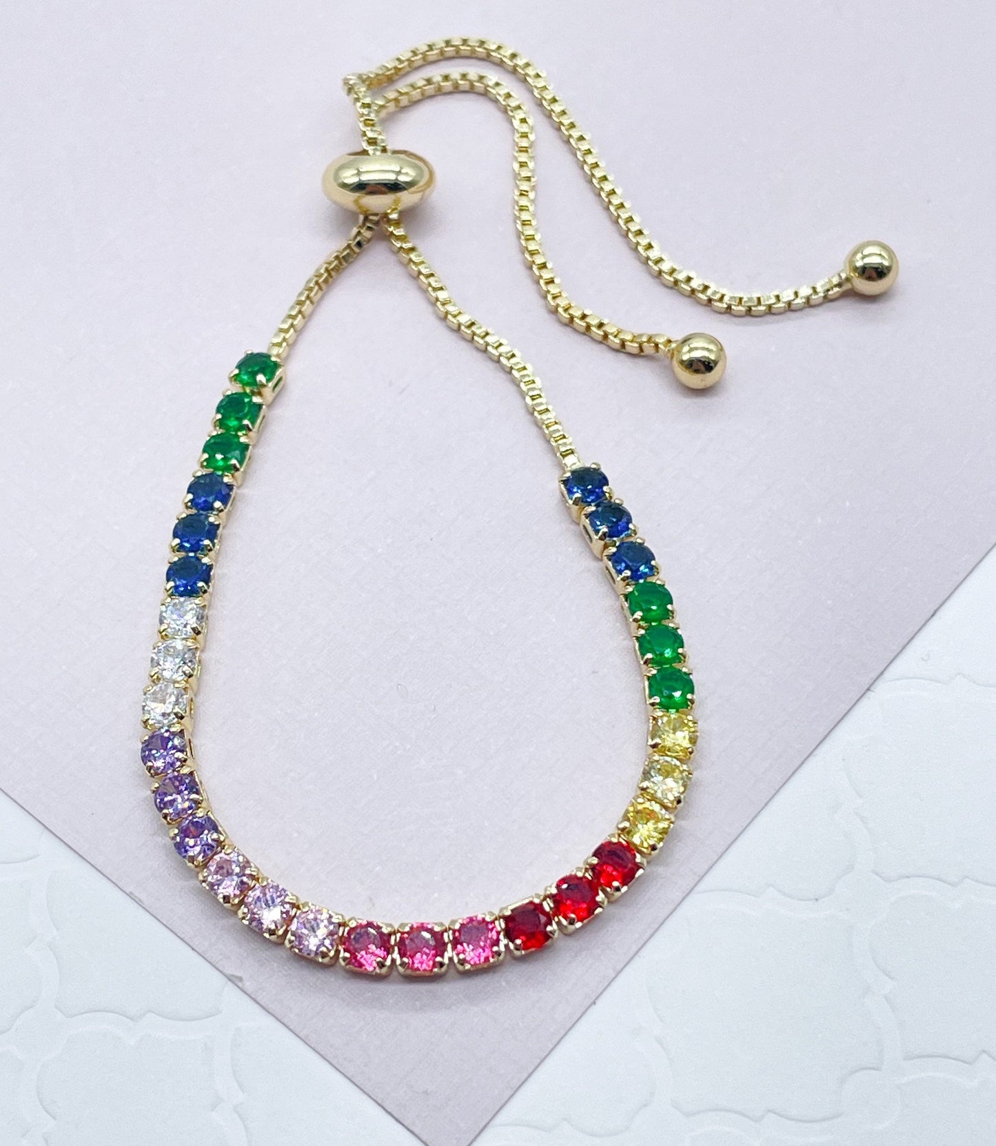 18k Gold Layered Colorful Cubic Zirconia Adjustable Bracelet , Arm Candy Jewelry,