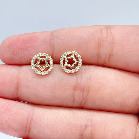 18k Gold Layered Star Inside Circle of Cubic Zirconia Stud Earrings, Small