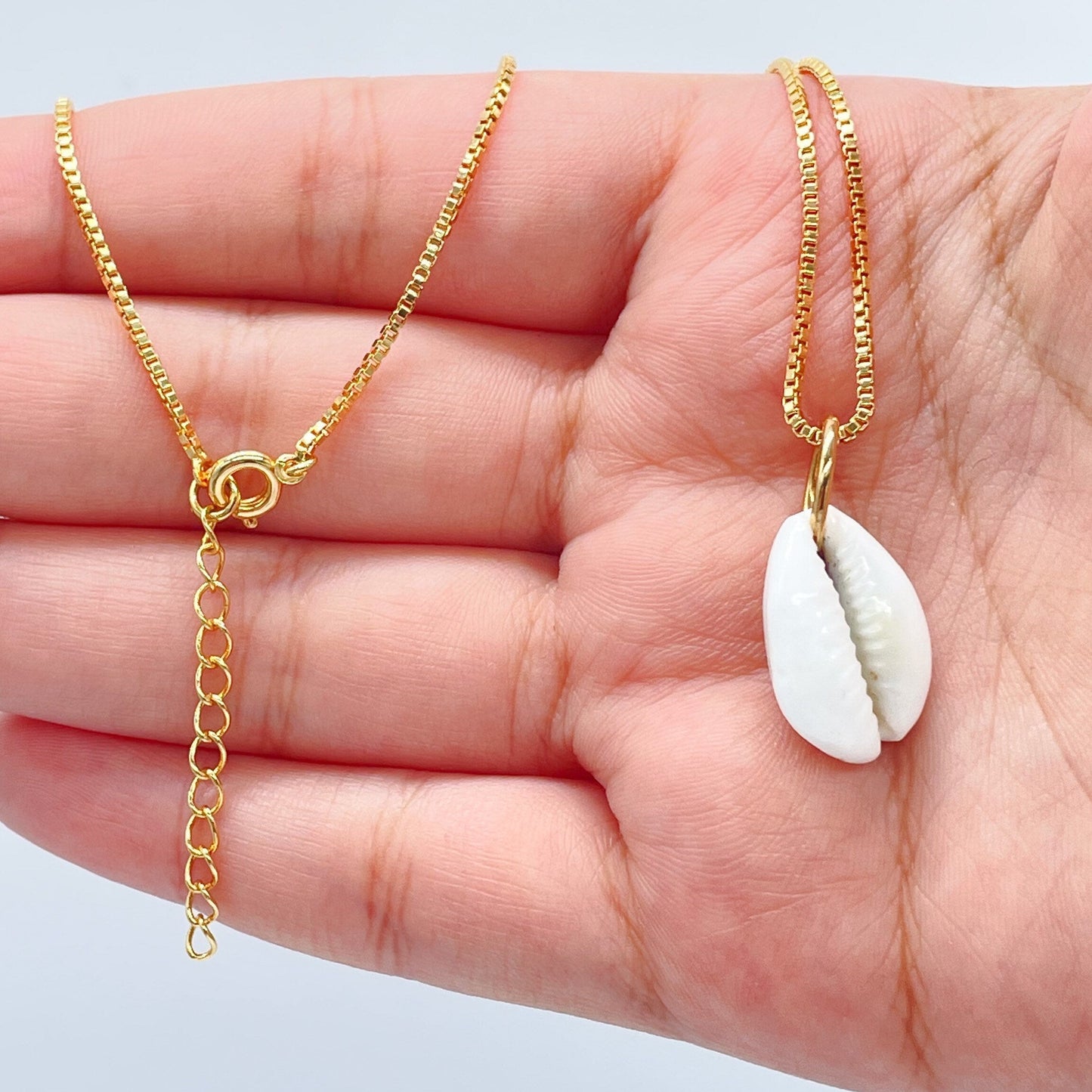 18k Gold Layered Box Chain With White Cowrie Shell Charm Necklace, Protection