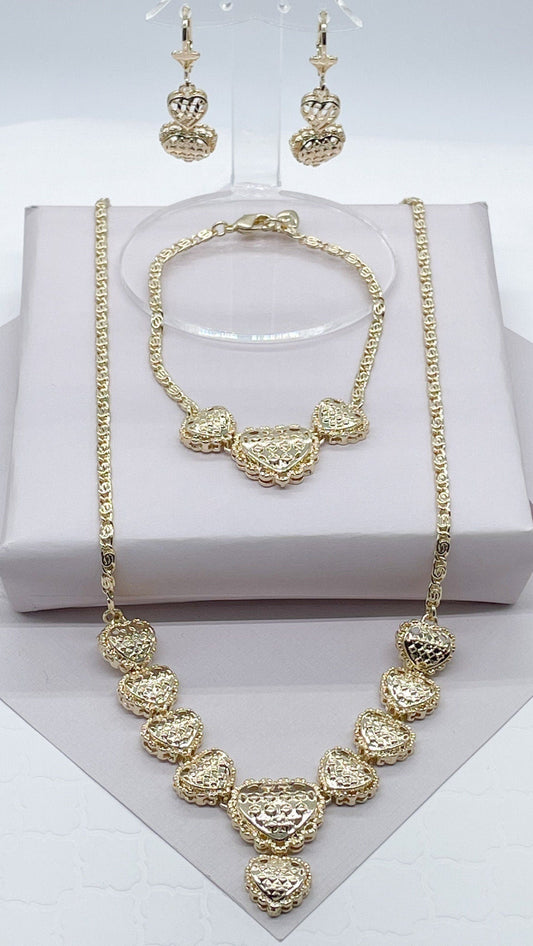 18k Gold Layered Design Heart Set, Bracelet, Necklace and Earrings, Wholesale