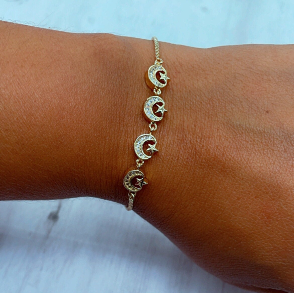 18k Gold Layered Moon and Star Adjustable Bracelet Featuring Cubic Zirconia,