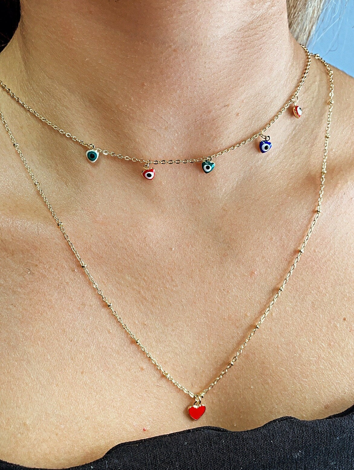 18k Gold Layered Layered Thin Satellite Chain Necklaces with 5 Colorful Evil Eyes